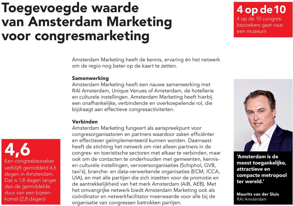 Samenwerking Amsterdam Marketing heeft een nauwe samenwerking met RAI Amsterdam, Unique Venues of Amsterdam, de hotellerie en culturele instellingen.