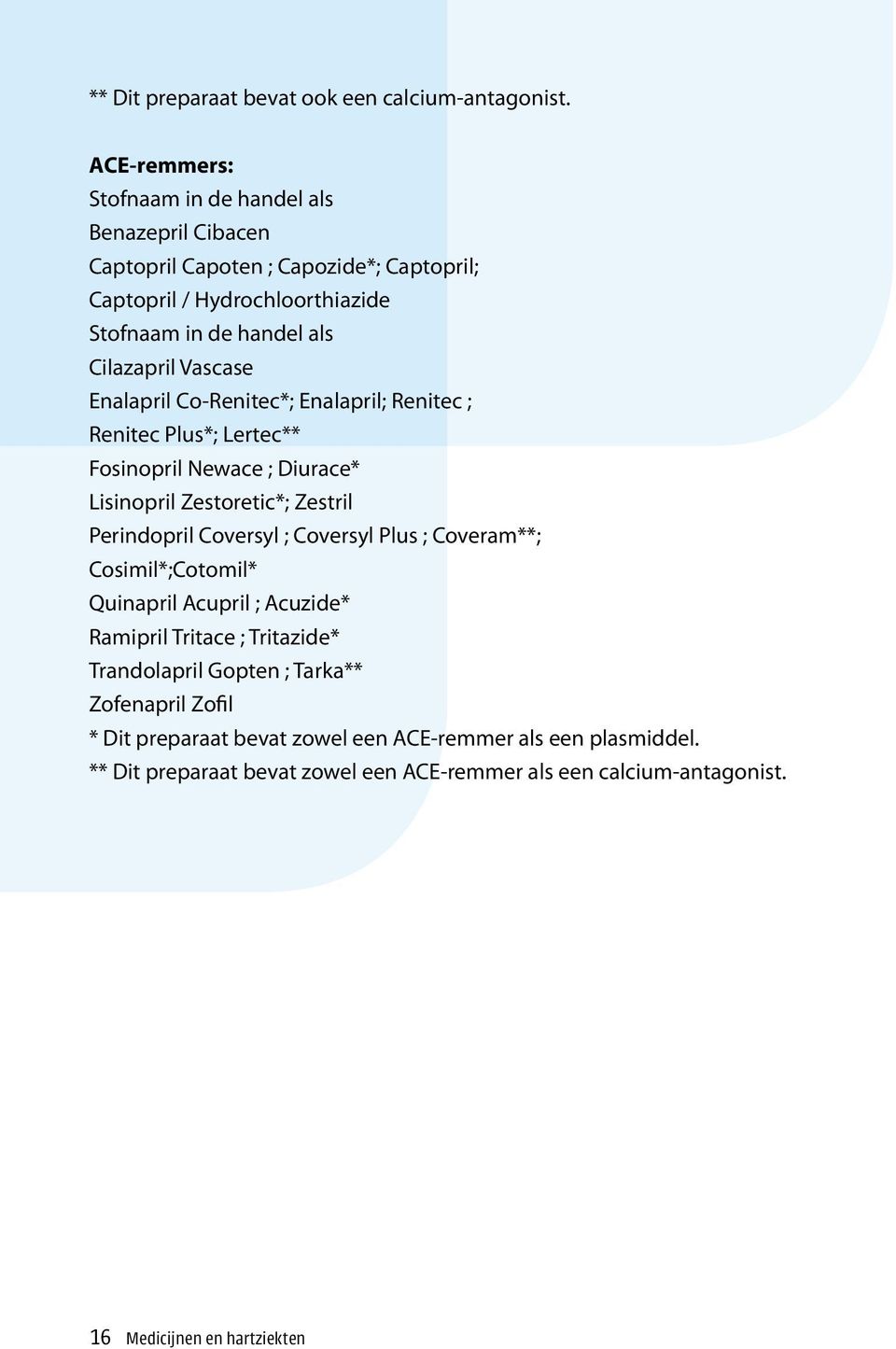 Vascase Enalapril Co-Renitec*; Enalapril; Renitec ; Renitec Plus*; Lertec** Fosinopril Newace ; Diurace* Lisinopril Zestoretic*; Zestril Perindopril Coversyl ; Coversyl Plus