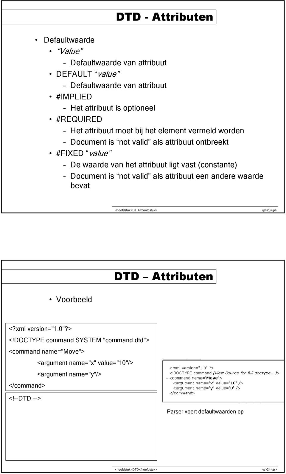 vast (constante) Document is not valid als attribuut een andere waarde bevat <p>23</p> DTD Attributen Voorbeeld <?xml version="1.0"?> <!