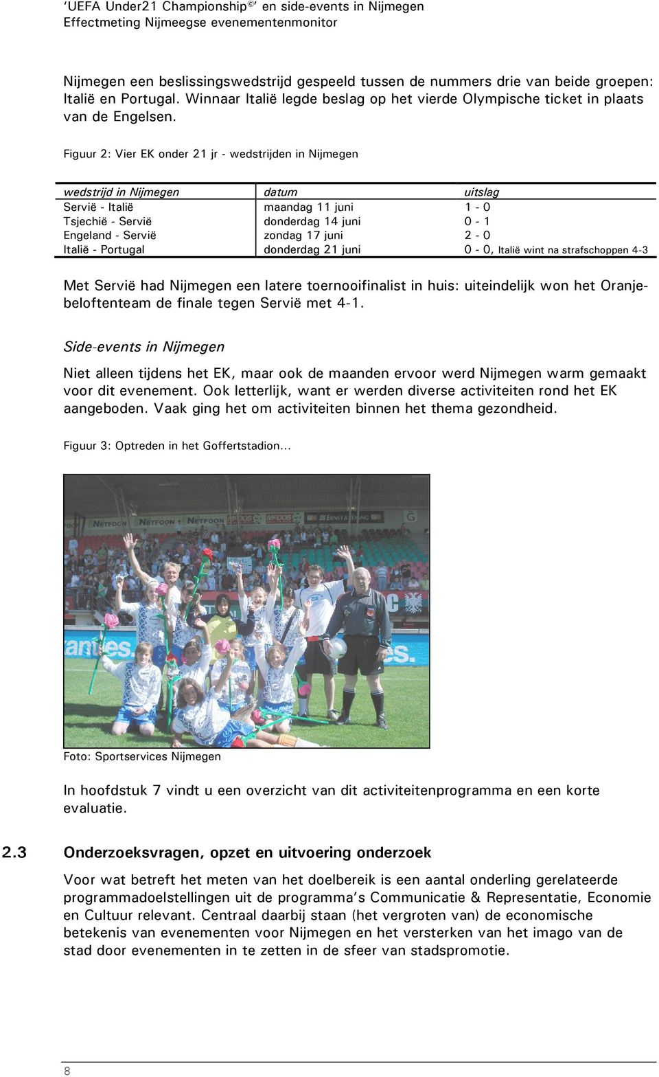 Figuur 2: Vier EK onder 21 jr - wedstrijden in Nijmegen wedstrijd in Nijmegen datum uitslag Servië - Italië maandag 11 juni 1-0 Tsjechië - Servië donderdag 14 juni 0-1 Engeland - Servië zondag 17