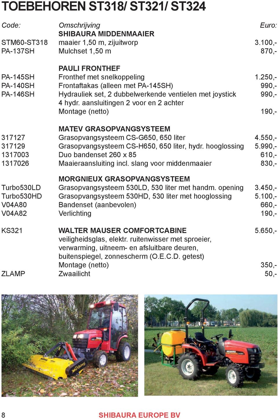 250,- PA-140SH Frontaftakas (alleen met PA-145SH) 990,- PA-146SH Hydrauliek set, 2 dubbelwerkende ventielen met joystick 990,- 4 hydr.