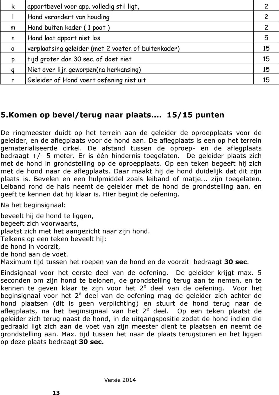 of doet niet 15 q Niet over lijn geworpen(na herkansing) 15 r Geleider of Hond voert oefening niet uit 15 5.Komen op bevel/terug naar plaats.