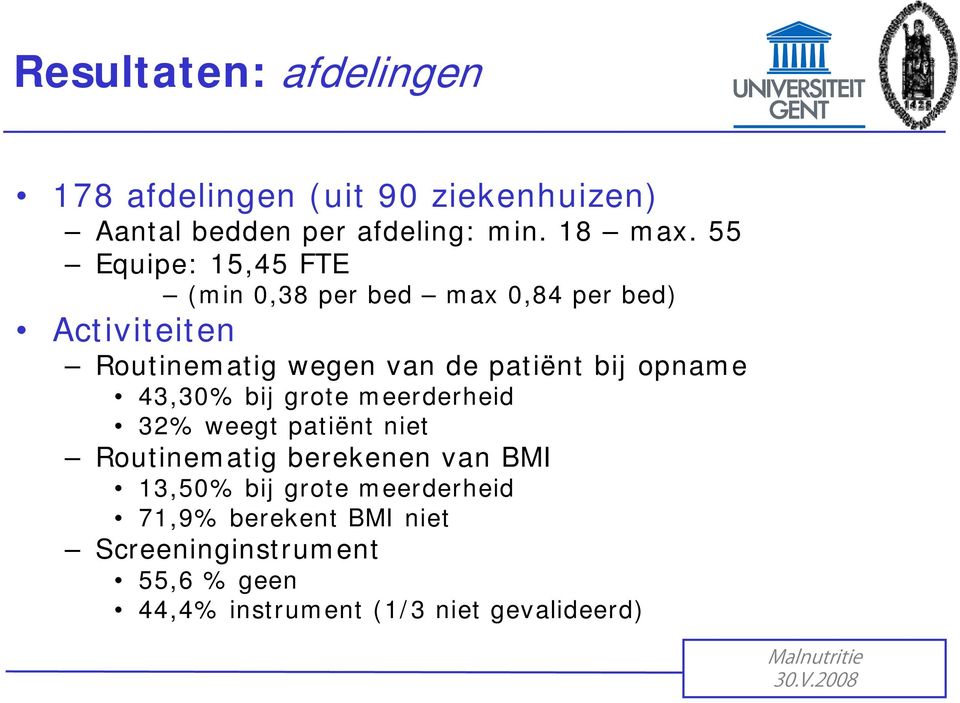 bij opname 43,30% bij grote meerderheid 32% weegt patiënt niet Routinematig berekenen van BMI 13,50% bij