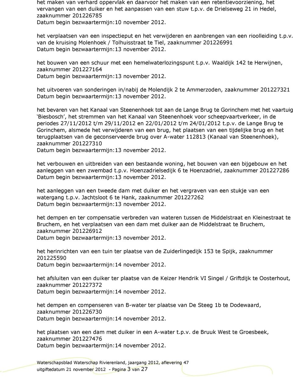 het bouwen van een schuur met een hemelwaterlozingspunt t.p.v. Waaldijk 142 te Herwijnen, zaaknummer 201227164 Datum begin bezwaartermijn:13 november 2012.