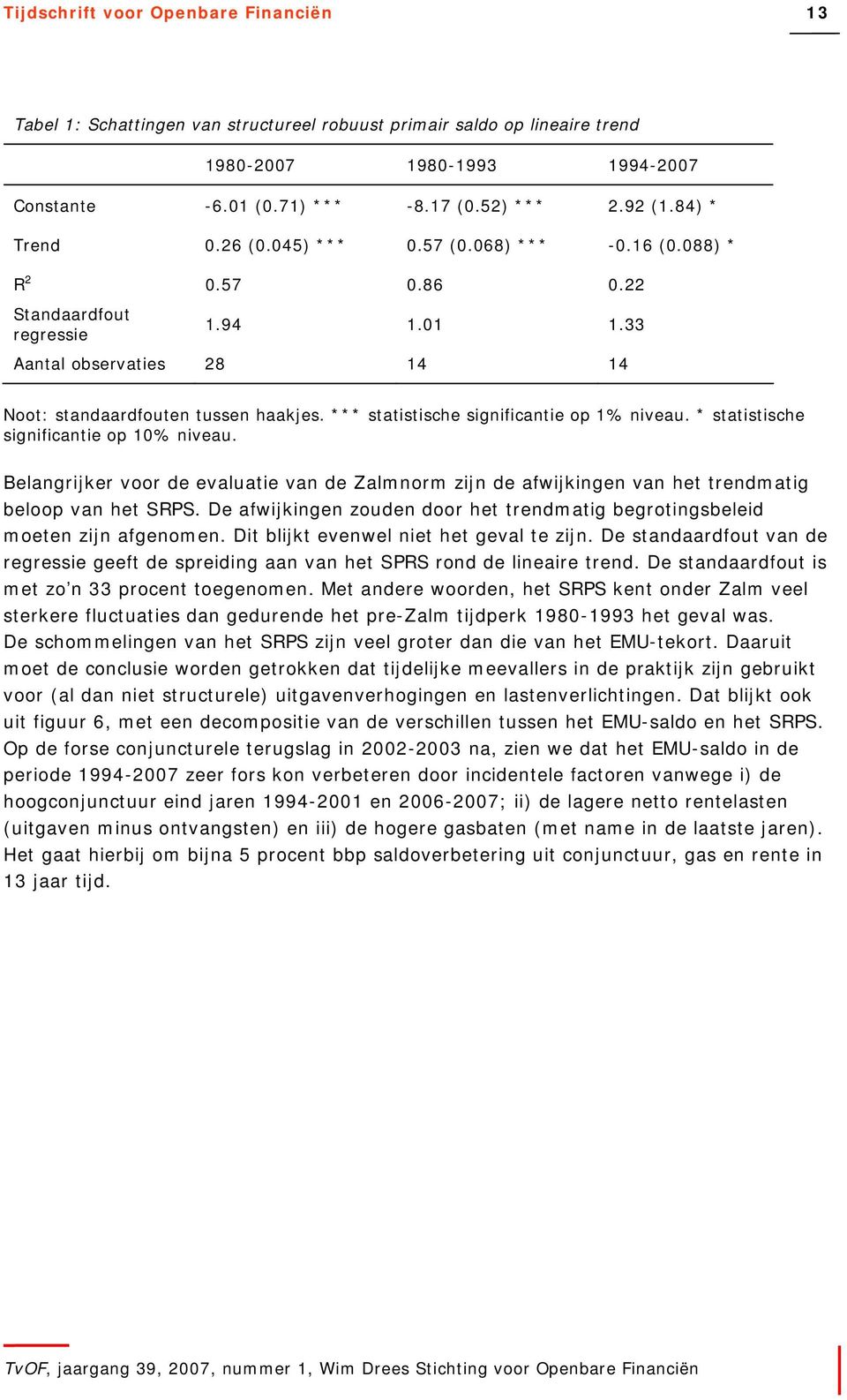 *** statistische significantie op 1% niveau. * statistische significantie op 10% niveau. Belangrijker voor de evaluatie van de Zalmnorm zijn de afwijkingen van het trendmatig beloop van het SRPS.