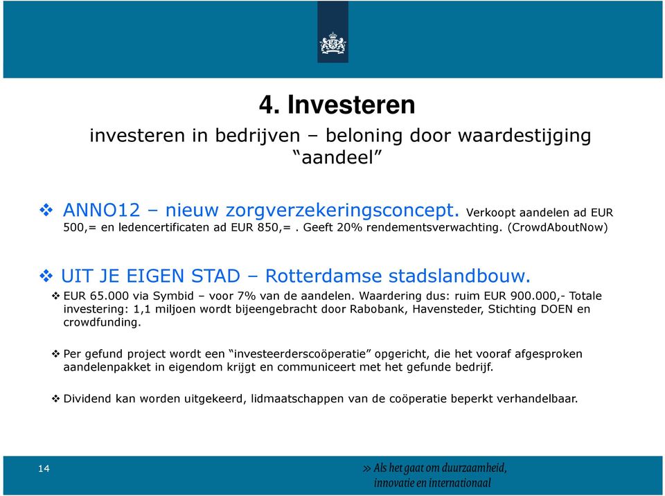 000,- Totale investering: 1,1 miljoen wordt bijeengebracht door Rabobank, Havensteder, Stichting DOEN en crowdfunding.