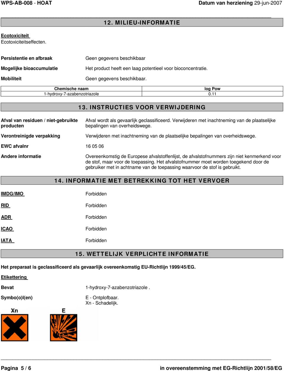 11 13. INSTRUCTIES VOOR VERWIJDERING Afval van residuen / niet-gebruikte producten Verontreinigde verpakking Afval wordt als gevaarlijk geclassificeerd.