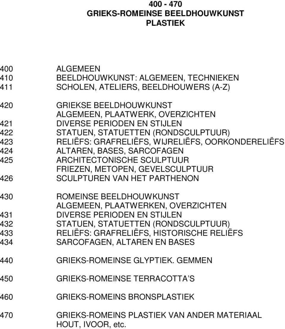 FRIEZEN, METOPEN, GEVELSCULPTUUR 426 SCULPTUREN VAN HET PARTHENON 430 ROMEINSE BEELDHOUWKUNST ALGEMEEN, PLAATWERKEN, OVERZICHTEN 431 DIVERSE PERIODEN EN STIJLEN 432 STATUEN, STATUETTEN