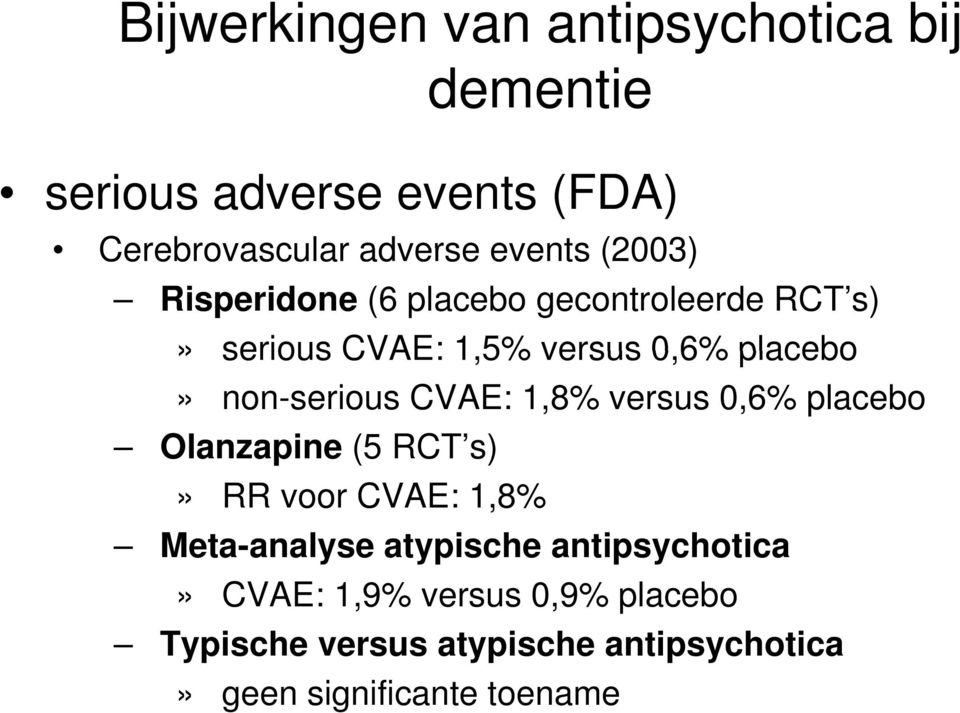 CVAE: 1,8% versus 0,6% placebo Olanzapine (5 RCT s)» RR voor CVAE: 1,8% Meta-analyse analyse atypische