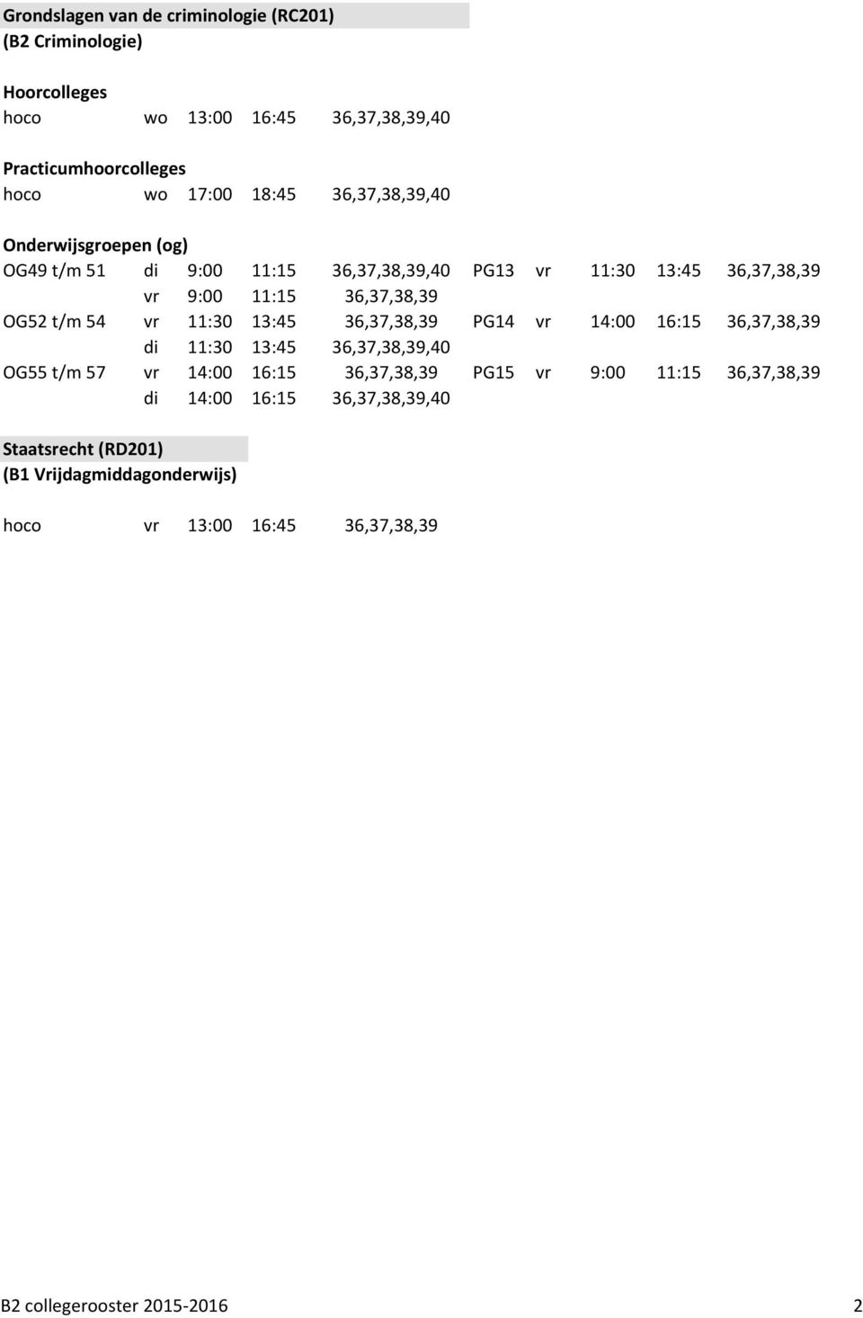 54 vr 11:30 13:45 36,37,38,39 PG14 vr 14:00 16:15 36,37,38,39 di 11:30 13:45 36,37,38,39,40 OG55 t/m 57 vr 14:00 16:15 36,37,38,39 PG15 vr 9:00