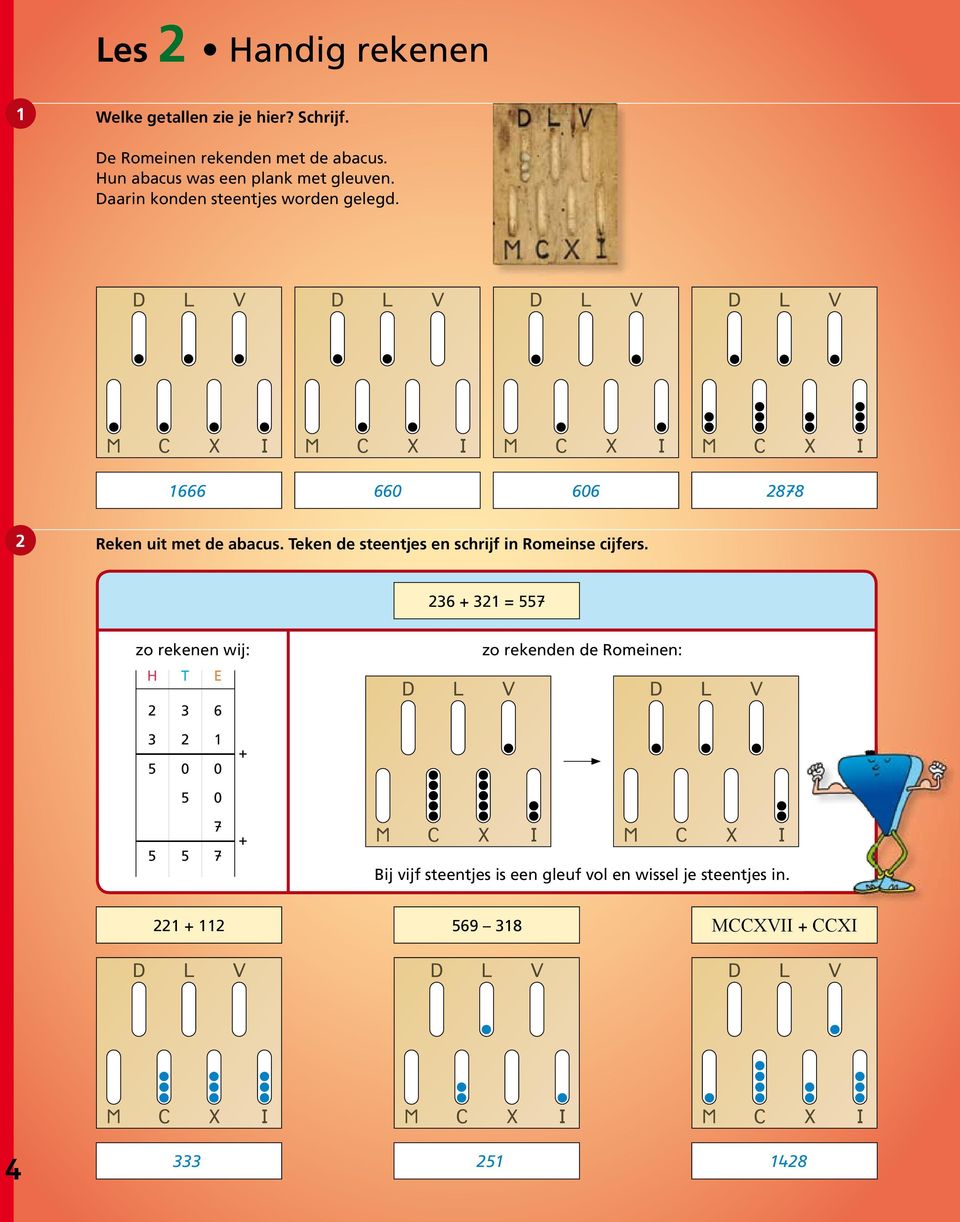 666 66 66 878 Reken uit met de abacus. Teken de steentjes en schrijf in Romeinse cijfers.