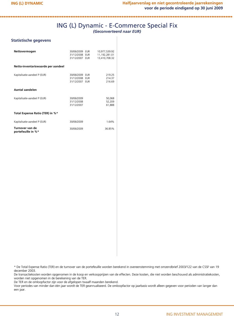 69 Aantal aandelen Kapitalisatie-aandeel P (EUR) 30/06/2009 50,068 31/12/2008 52,209 31/12/2007 61,888 Total Expense Ratio (TER) in %* Kapitalisatie-aandeel P (EUR) 30/06/2009 1.