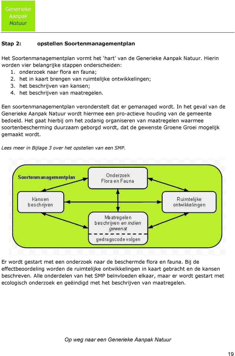 Een soortenmanagementplan veronderstelt dat er gemanaged wordt. In het geval van de Generieke Aanpak Natuur wordt hiermee een pro-actieve houding van de gemeente bedoeld.