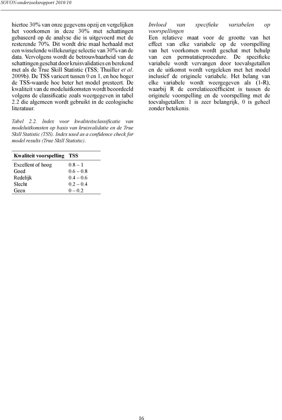 Vervolgens wordt de betrouwbaarheid van de schattingen geschat door kruisvalidaties en berekend met als de True Skill Statistic (TSS; Thuiller et al. 2009b).