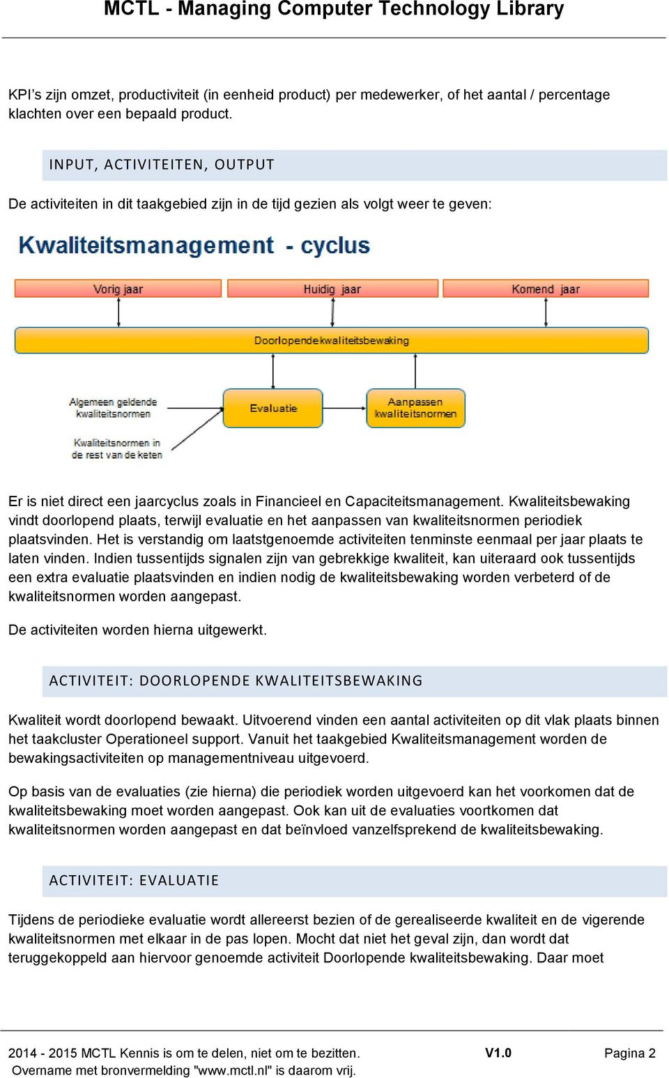 Kwaliteitsbewaking vindt doorlopend plaats, terwijl evaluatie en het aanpassen van kwaliteitsnormen periodiek plaatsvinden.