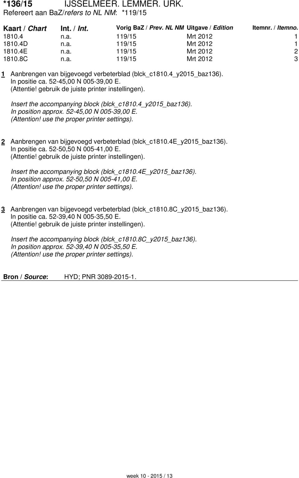 (Attentie! gebruik de juiste printer instellingen). Insert the accompanying block (blck_c1810.4_y2015_baz136). In position approx. 52-45,00 N 005-39,00 E. (Attention! use the proper printer settings).