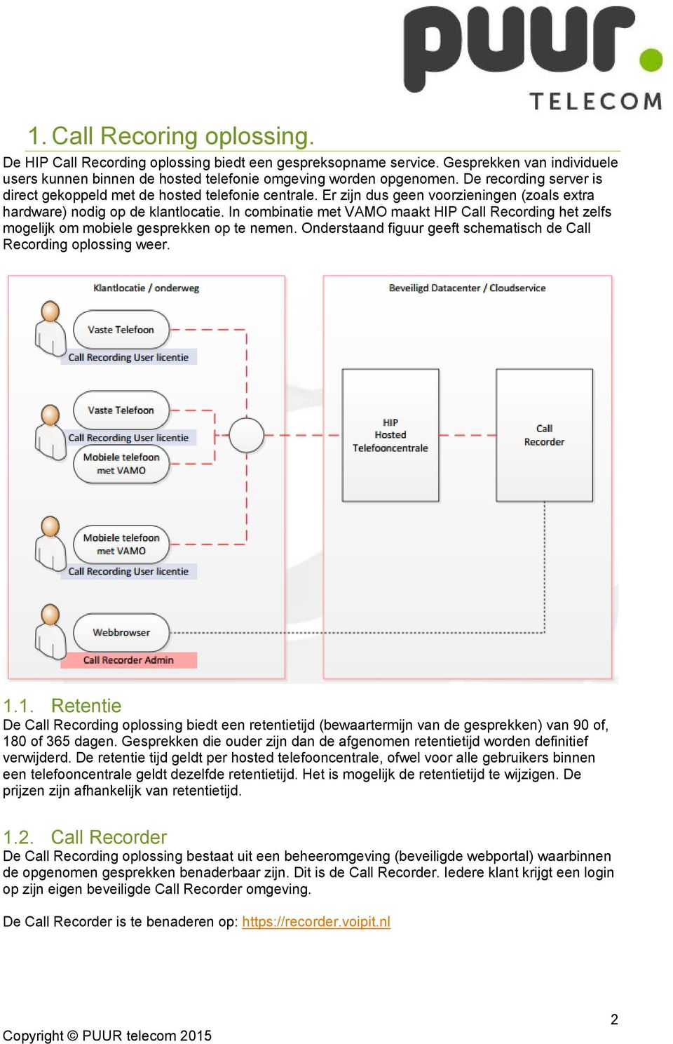 In combinatie met VAMO maakt HIP Call Recording het zelfs mogelijk om mobiele gesprekken op te nemen. Onderstaand figuur geeft schematisch de Call Recording oplossing weer. 1.