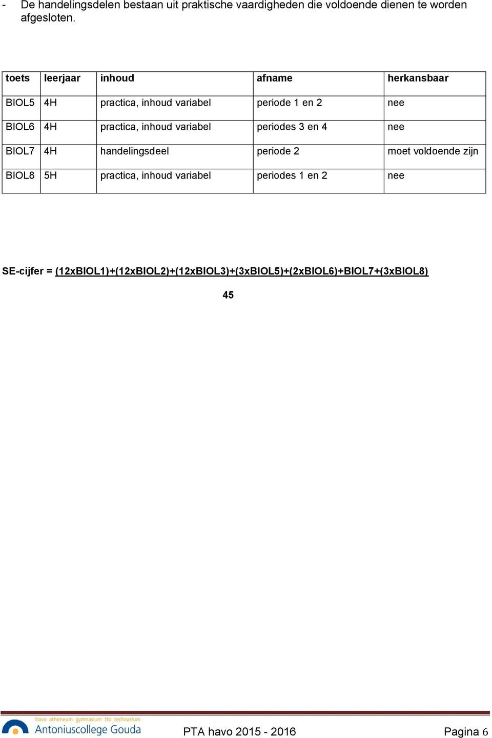 inhoud variabel periodes 3 en 4 nee BIOL7 4H handelingsdeel periode 2 moet voldoende zijn BIOL8 5H practica, inhoud