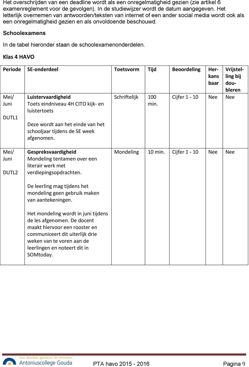 Schoolexamens In de tabel hieronder staan de schoolexamenonderdelen.