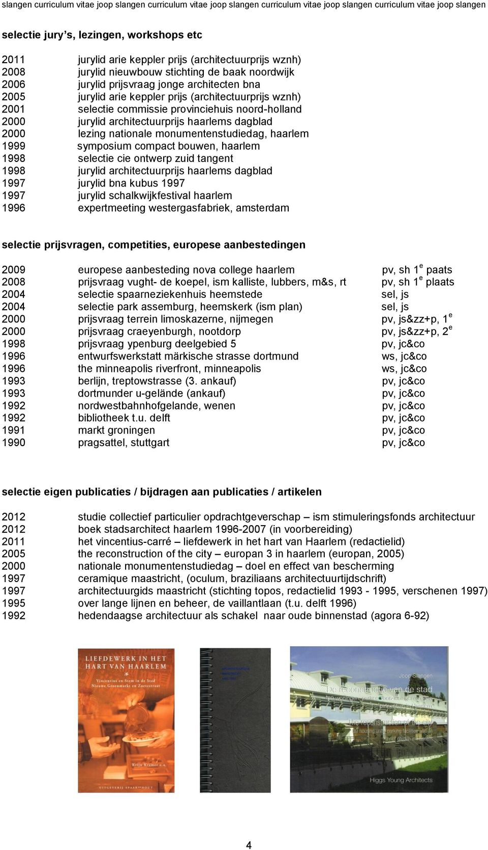 haarlem 1999 symposium compact bouwen, haarlem 1998 selectie cie ontwerp zuid tangent 1998 jurylid architectuurprijs haarlems dagblad 1997 jurylid bna kubus 1997 1997 jurylid schalkwijkfestival