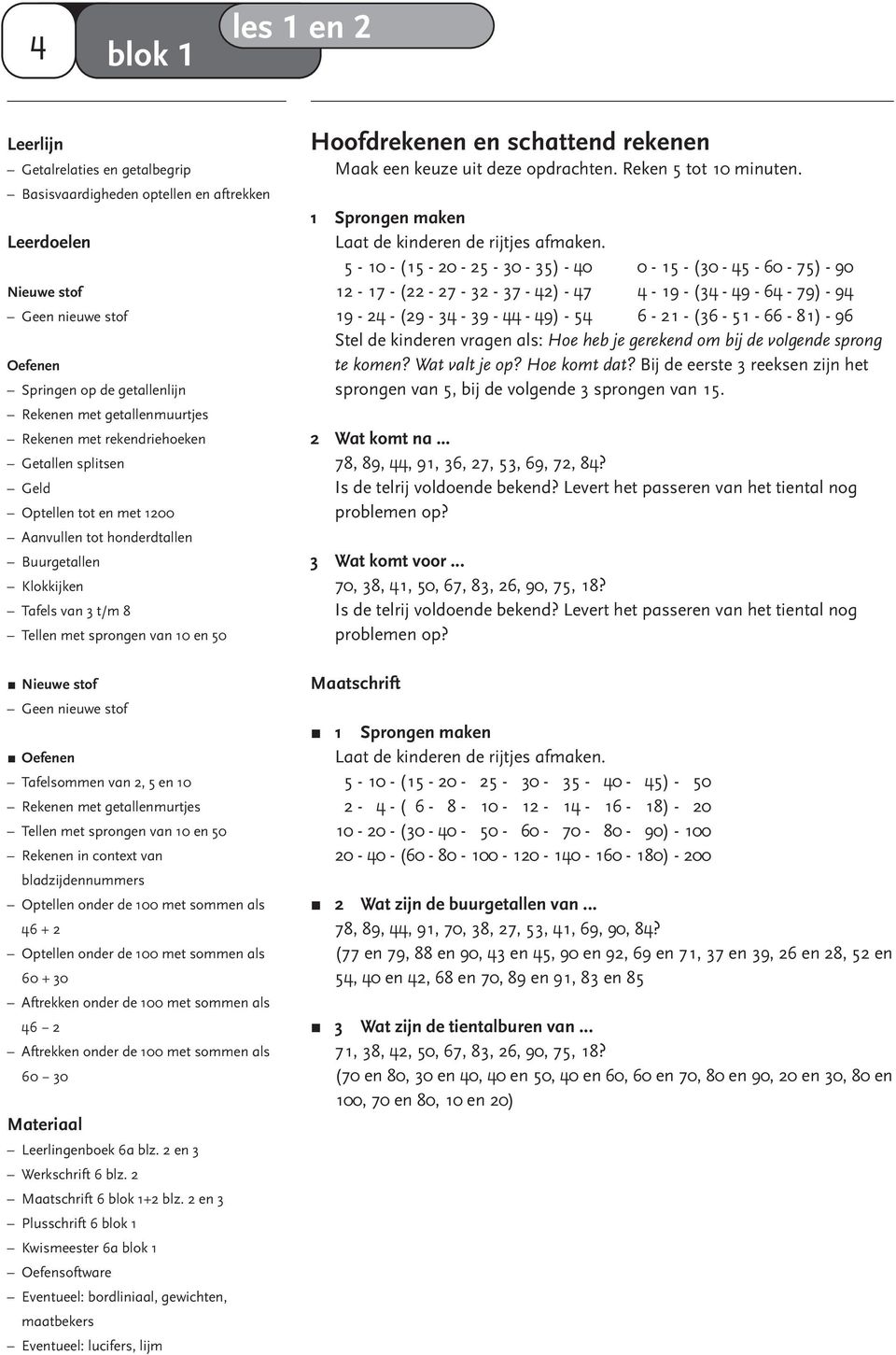 Nieuwe stof Geen nieuwe stof Oefenen Tafelsommen van 2, 5 en 10 Rekenen met getallenmurtjes Tellen met sprongen van 10 en 50 Rekenen in context van bladzijdennummers Optellen onder de 100 met sommen