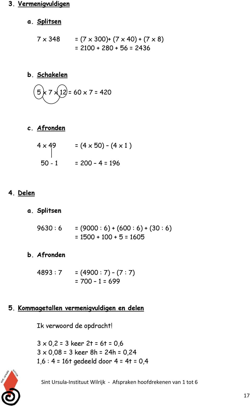 Splitsen 9630 : 6 = (9000 : 6) + (600 : 6) + (30 : 6) = 1500 + 100 + 5 = 1605 b.