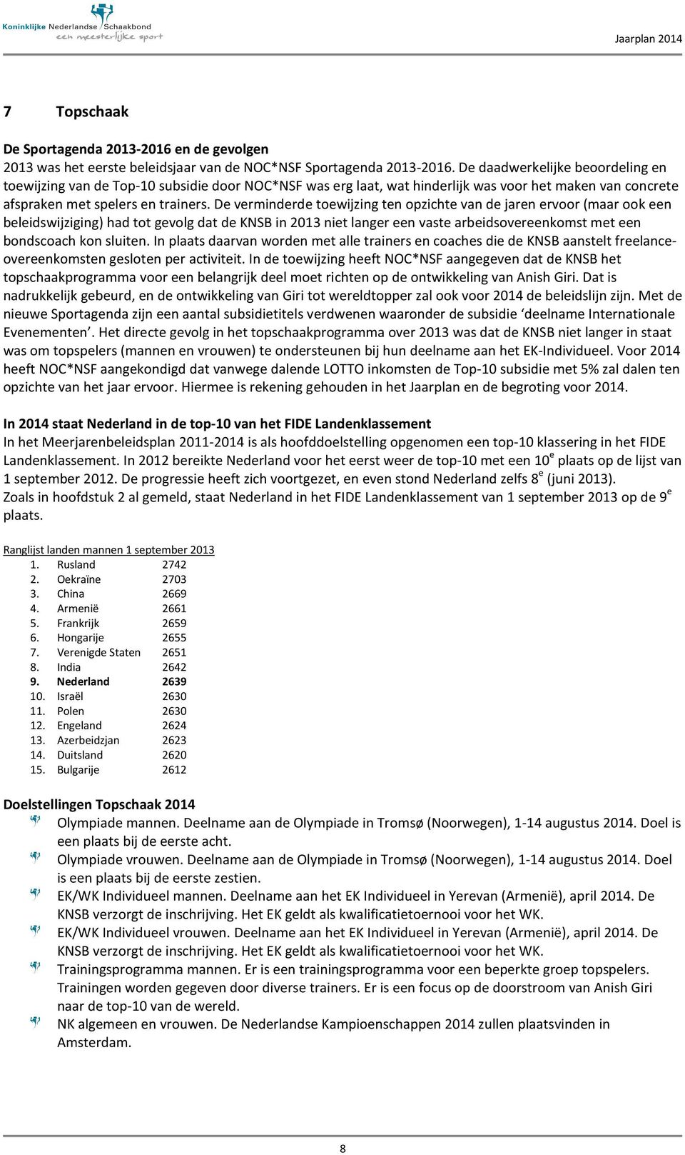 De verminderde toewijzing ten opzichte van de jaren ervoor (maar ook een beleidswijziging) had tot gevolg dat de KNSB in 2013 niet langer een vaste arbeidsovereenkomst met een bondscoach kon sluiten.