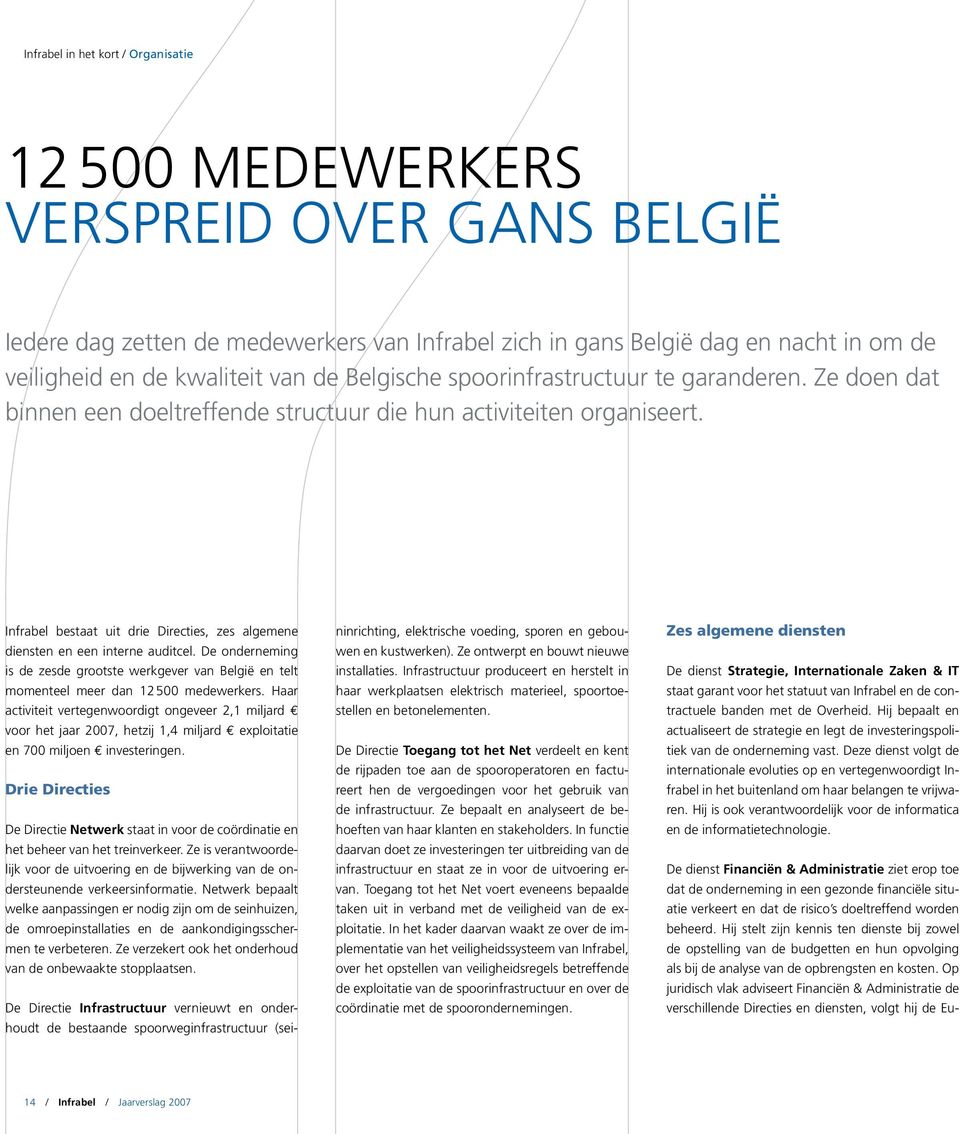 Infrabel bestaat uit drie Directies, zes algemene diensten en een interne auditcel. De onderneming is de zesde grootste werkgever van België en telt momenteel meer dan 12500 medewerkers.