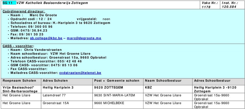 me - Naam: Chris Vanderstraeten - Naam schoolbestuur: VZW Het Groene Lilare - Adres schoolbestuur: Groenstraat 15a, 9660 Opbrakel - Telefoon CASS-voorzitter: 055/42 48 46 - GSM CASS- voorzitter: