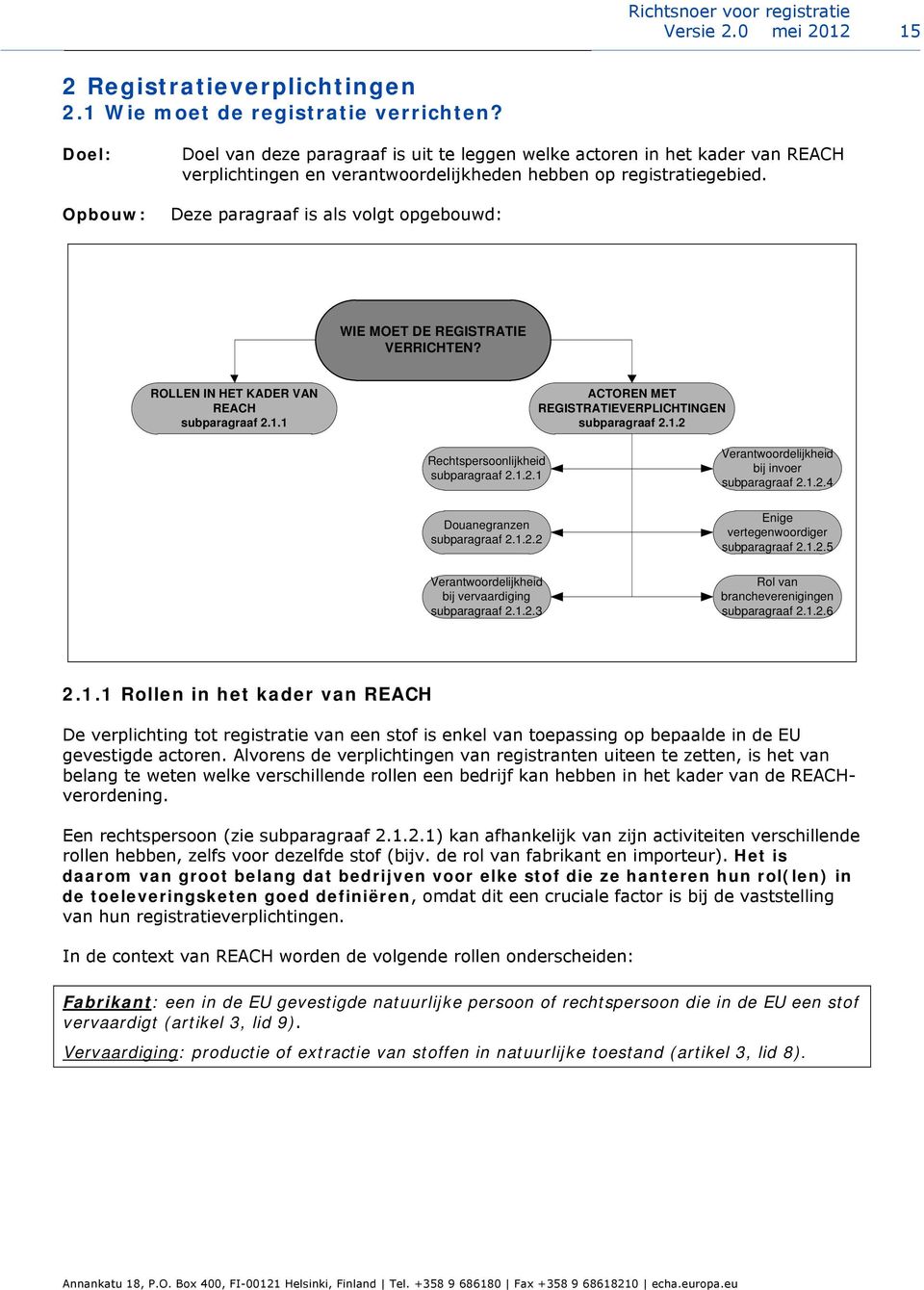 Deze paragraaf is als volgt opgebouwd: WIE MOET DE REGISTRATIE VERRICHTEN? ROLLEN IN HET KADER VAN REACH subparagraaf 2.1.1 ACTOREN MET REGISTRATIEVERPLICHTINGEN subparagraaf 2.1.2 Rechtspersoonlijkheid subparagraaf 2.