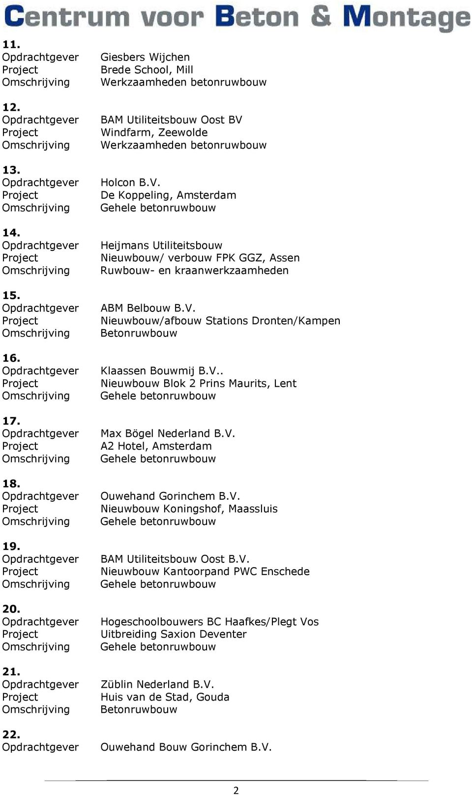 V.. Nieuwbouw Blok 2 Prins Maurits, Lent Max Bögel Nederland B.V. A2 Hotel, Amsterdam Ouwehand Gorinchem B.V. Nieuwbouw Koningshof, Maassluis BAM Utiliteitsbouw Oost B.V. Nieuwbouw Kantoorpand PWC Enschede Hogeschoolbouwers BC Haafkes/Plegt Vos Uitbreiding Saxion Deventer Züblin Nederland B.