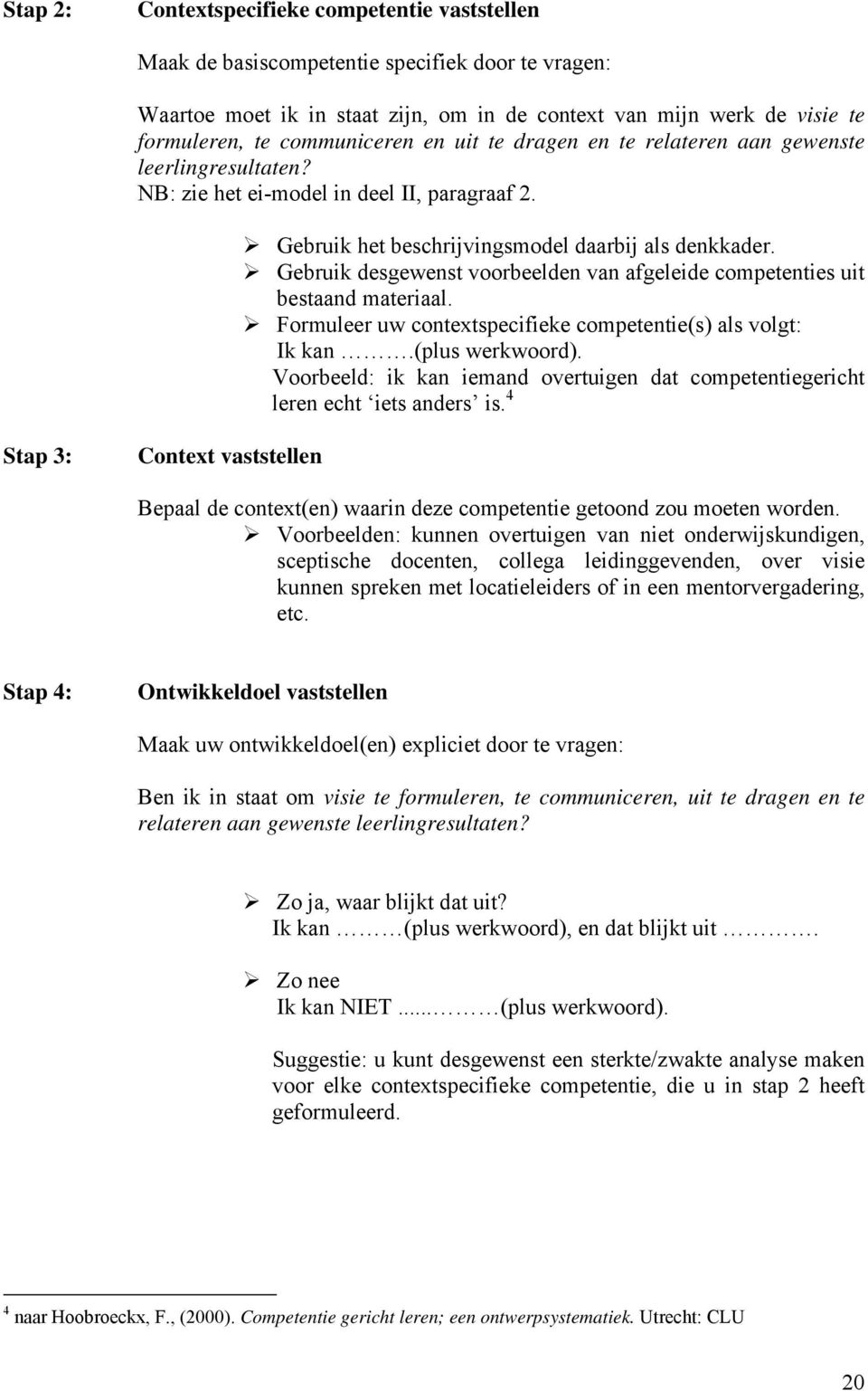 Gebruik desgewenst voorbeelden van afgeleide competenties uit bestaand materiaal. Formuleer uw contextspecifieke competentie(s) als volgt: Ik kan.(plus werkwoord).