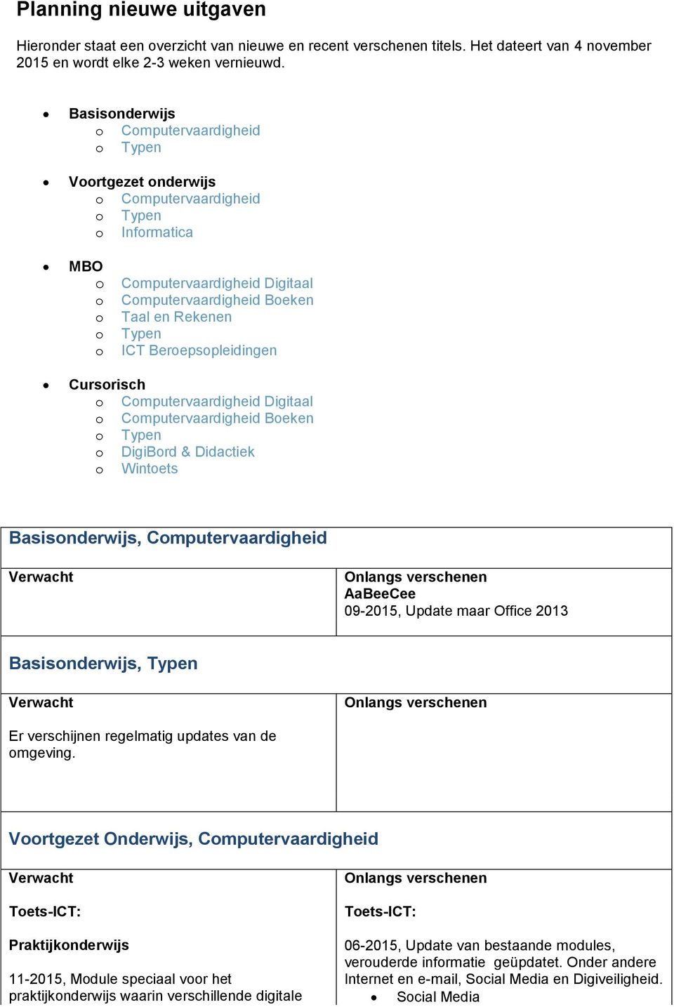 Cursrisch Cmputervaardigheid Digitaal Cmputervaardigheid Beken Typen DigiBrd & Didactiek Wintets Basisnderwijs, Cmputervaardigheid AaBeeCee 09-2015, Update maar Office 2013 Basisnderwijs, Typen