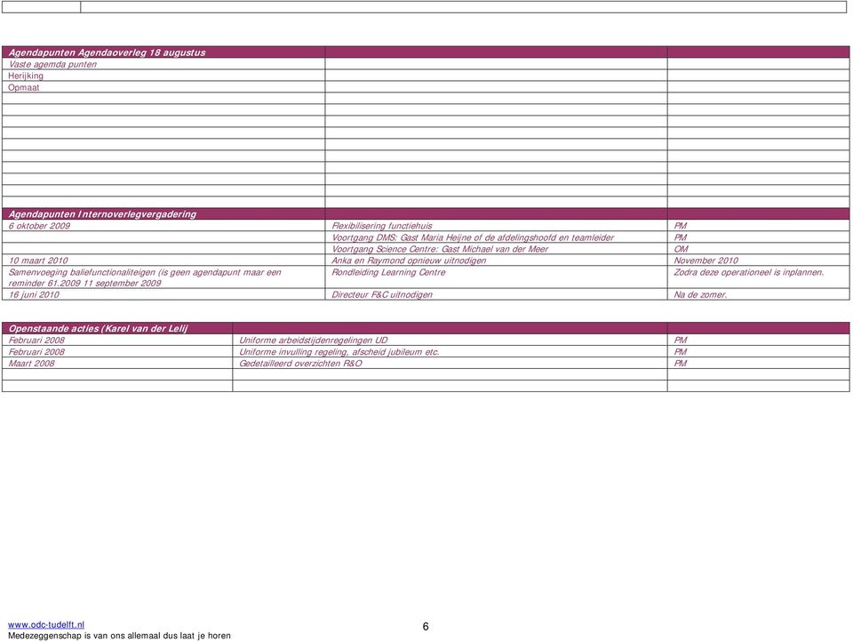 (is geen agendapunt maar een Rondleiding Learning Centre Zodra deze operationeel is inplannen. reminder 61.2009 11 september 2009 16 juni 2010 Directeur F&C uitnodigen Na de zomer.