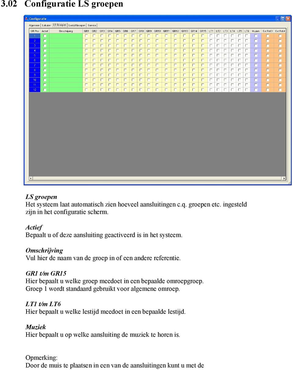 GR1 t/m GR15 Hier bepaalt u welke groep meedoet in een bepaalde omroepgroep. Groep 1 wordt standaard gebruikt voor algemene omroep.