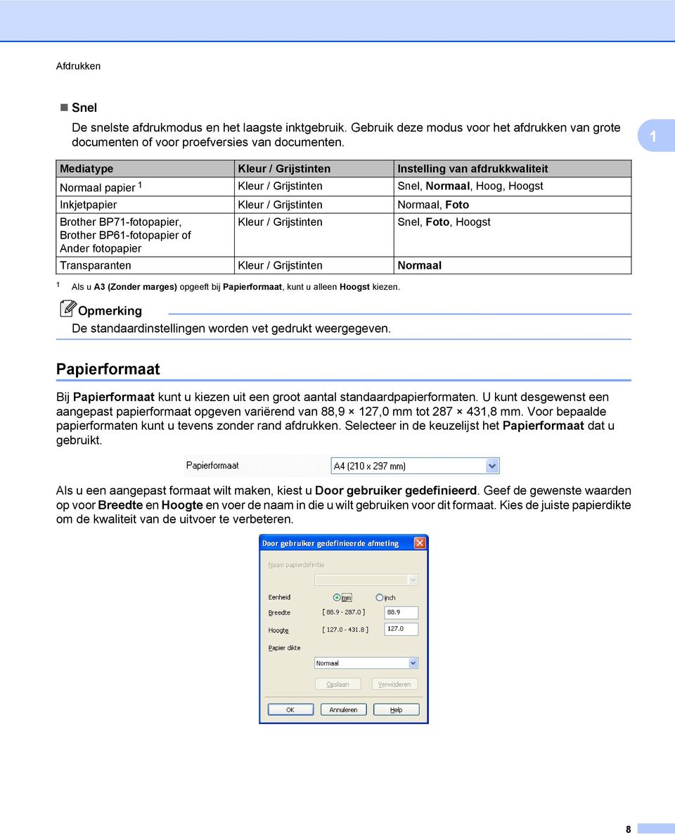 Kleur / Grijstinten Snel, Foto, Hoogst Brother BP61-fotopapier of Ander fotopapier Transparanten Kleur / Grijstinten Normaal 1 Als u A3 (Zonder marges) opgeeft bij Papierformaat, kunt u alleen Hoogst