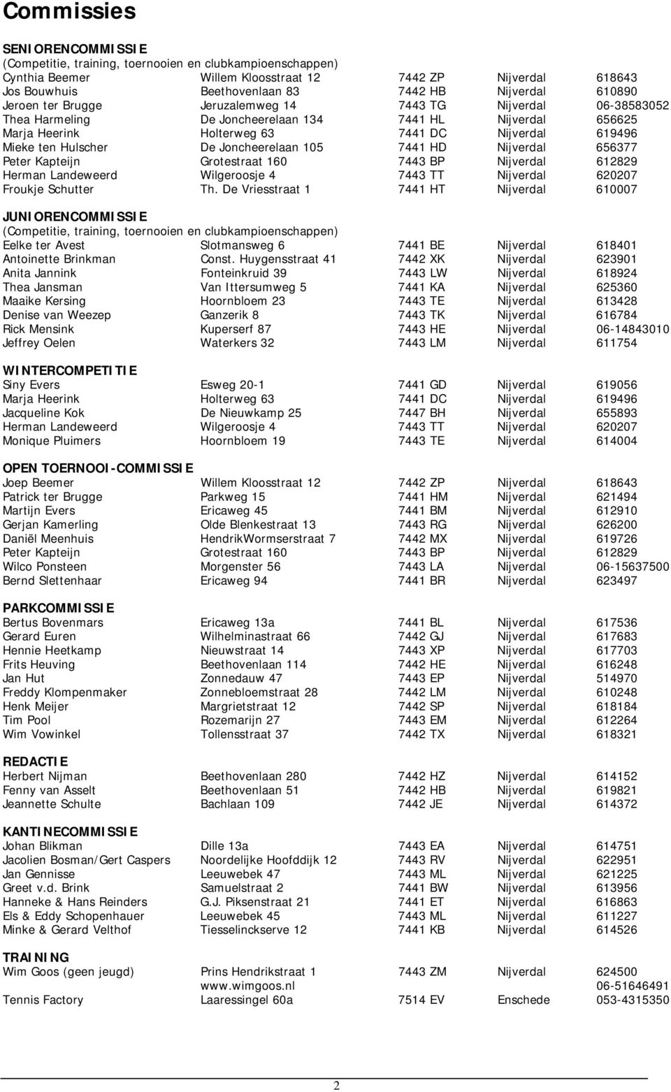Hulscher De Joncheerelaan 105 7441 HD Nijverdal 656377 Peter Kapteijn Grotestraat 160 7443 BP Nijverdal 612829 Herman Landeweerd Wilgeroosje 4 7443 TT Nijverdal 620207 Froukje Schutter Th.