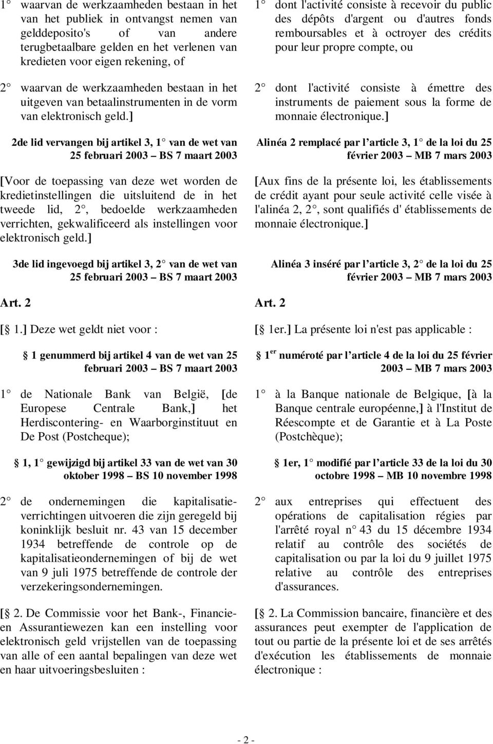 ] 2de lid vervangen bij artikel 3, 1 van de wet van 25 februari 2003 BS 7 maart 2003 [Voor de toepassing van deze wet worden de kredietinstellingen die uitsluitend de in het tweede lid, 2, bedoelde