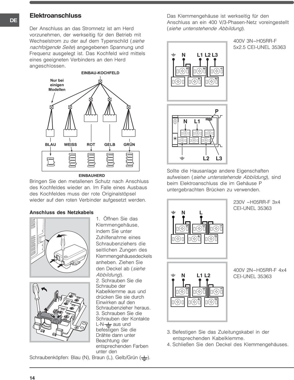 Nur bei einigen Modellen EINBU-KOCHFELD Das Klemmengehäuse ist werkseitig für den nschluss an ein 00 V/-Phasen-Netz voreingestellt (siehe untenstehende bbildung). N L L L 00V N~H0RR- x.