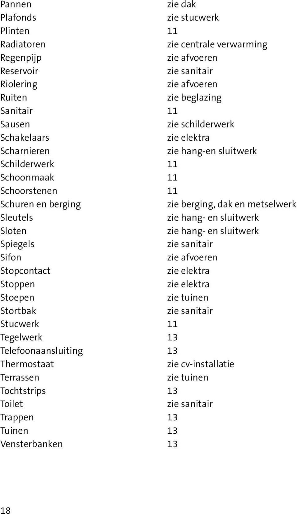 Vensterbanken zie dak zie stucwerk 11 zie centrale verwarming zie afvoeren zie afvoeren zie beglazing 11 zie schilderwerk zie elektra zie hang-en sluitwerk 11 11 11 zie