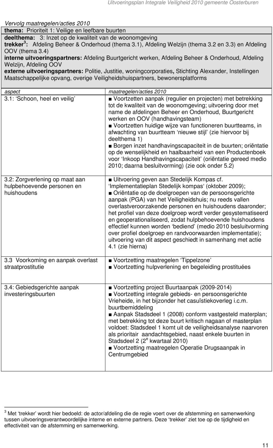 4) interne uitvoeringspartners: Afdeling Buurtgericht werken, Afdeling Beheer & Onderhoud, Afdeling Welzijn, Afdeling OOV externe uitvoeringspartners: Politie, Justitie, woningcorporaties, Stichting