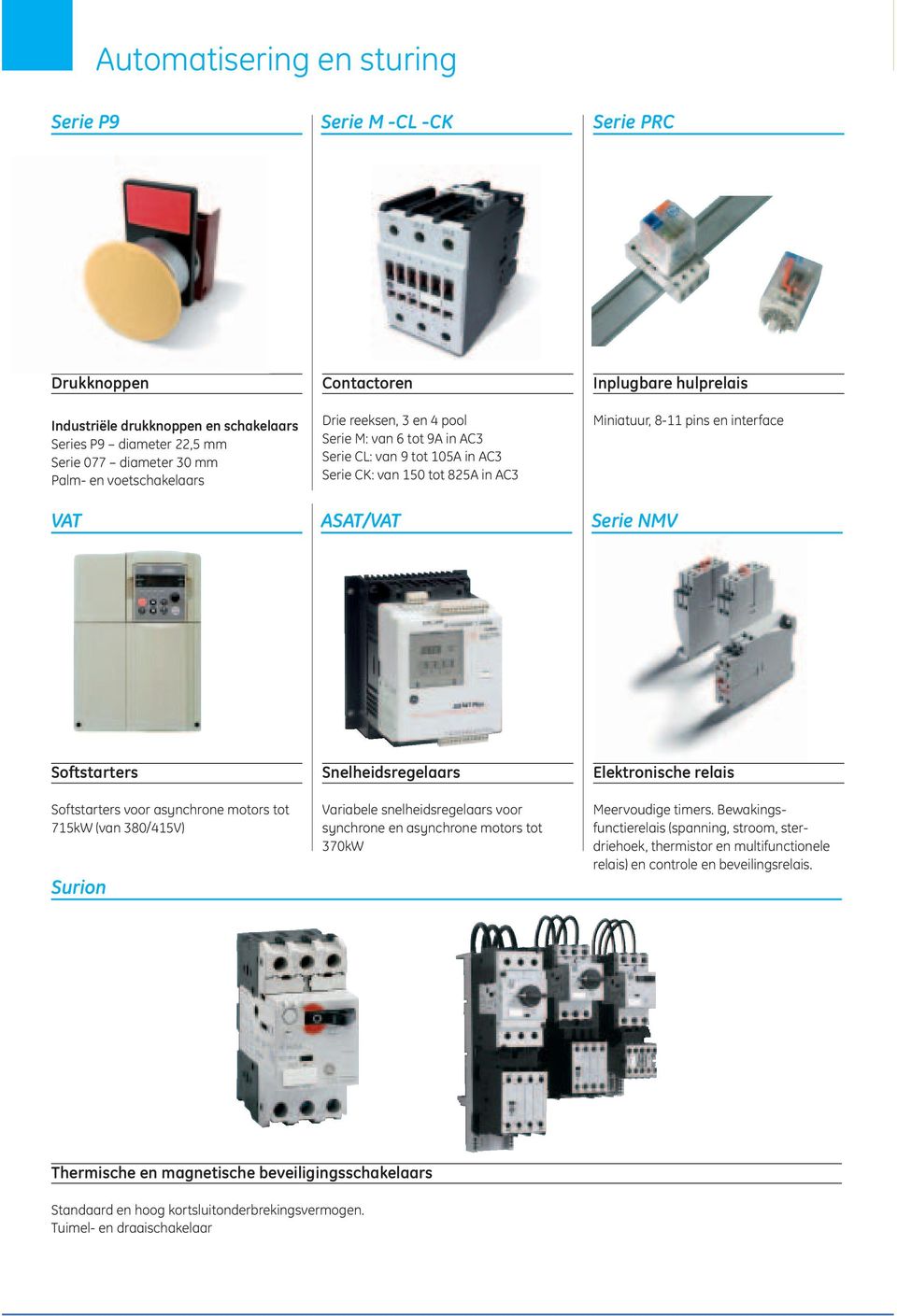 Serie NMV Softstarters Softstarters voor asynchrone motors tot 715kW (van 380/415V) Surion Snelheidsregelaars Variabele snelheidsregelaars voor synchrone en asynchrone motors tot 370kW Elektronische