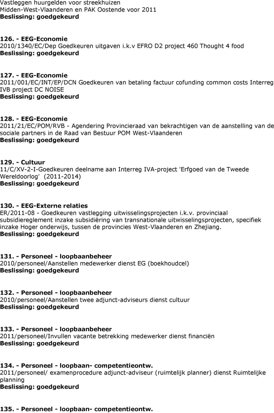 - EEG-Economie 2011/21/EC/POM/RVB - Agendering Provincieraad van bekrachtigen van de aanstelling van de sociale partners in de Raad van Bestuur POM West-Vlaanderen 129.