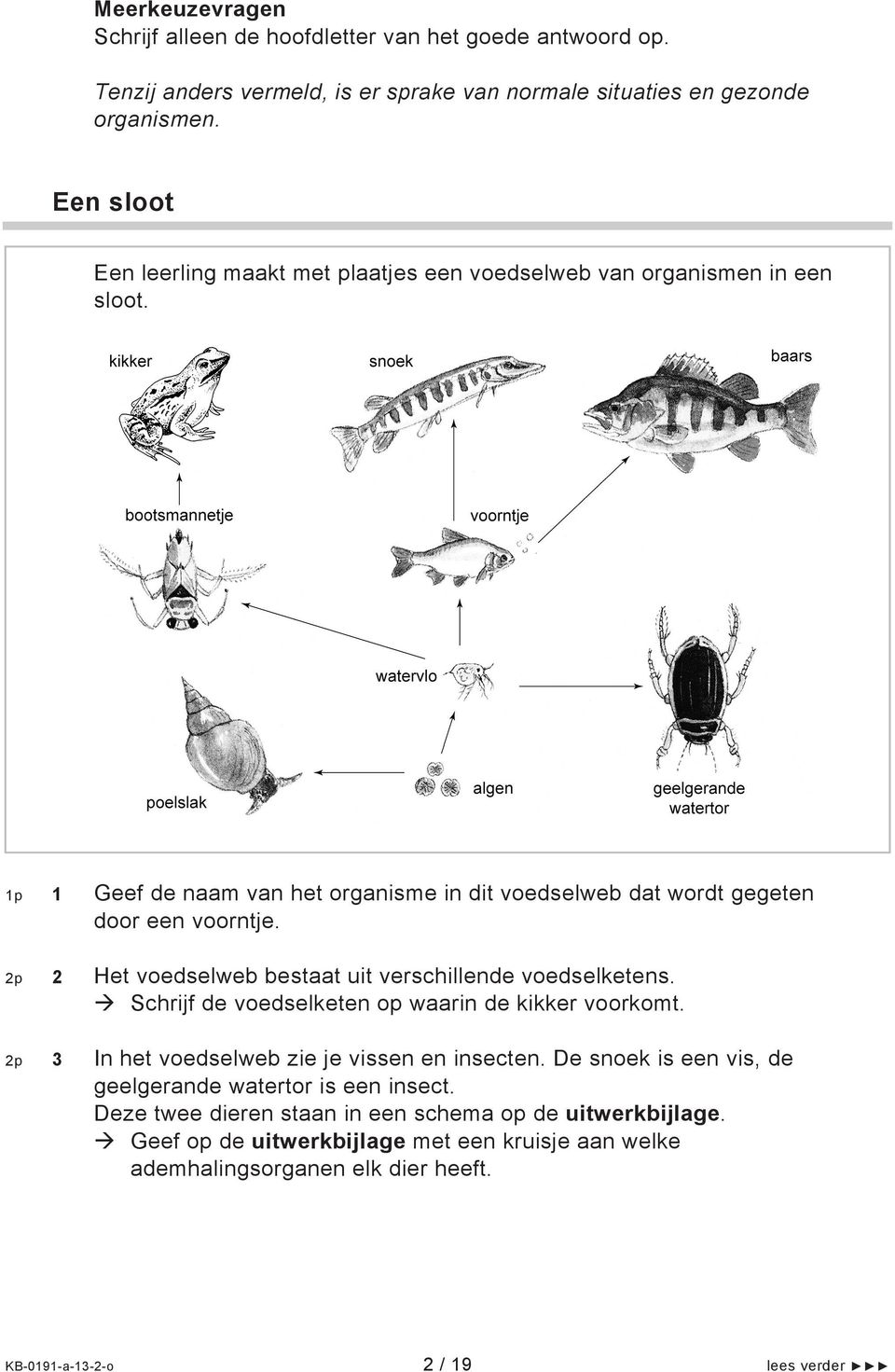 kikker snoek baars bootsmannetje voorntje watervlo poelslak algen geelgerande watertor 1p 1 Geef de naam van het organisme in dit voedselweb dat wordt gegeten door een voorntje.