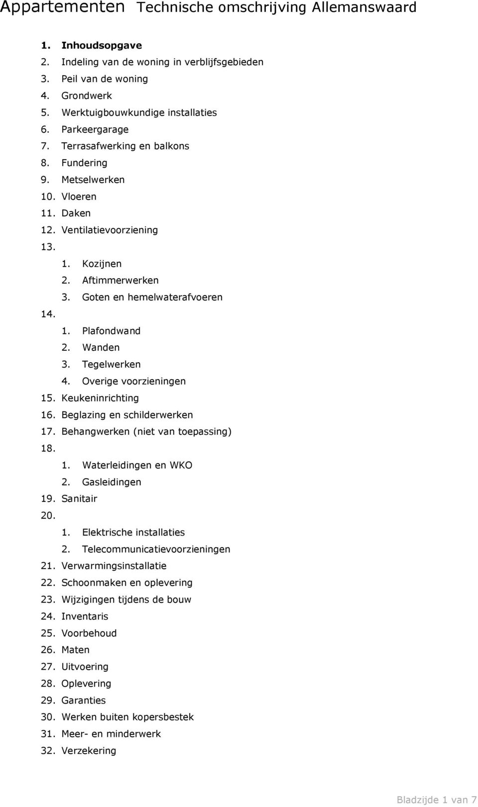 Wanden 3. Tegelwerken 4. Overige voorzieningen 15. Keukeninrichting 16. Beglazing en schilderwerken 17. Behangwerken (niet van toepassing) 18. 1. Waterleidingen en WKO 2. Gasleidingen 19. Sanitair 20.