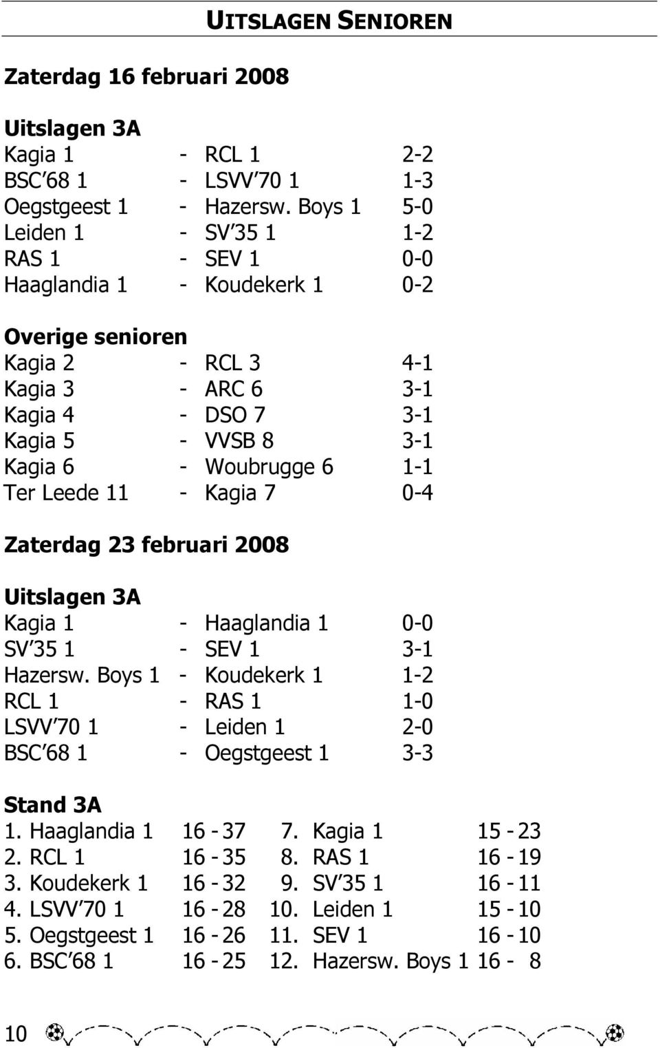 Woubrugge 6 1-1 Ter Leede 11 - Kagia 7 0-4 Zaterdag 23 februari 2008 Uitslagen 3A Kagia 1 - Haaglandia 1 0-0 SV 35 1 - SEV 1 3-1 Hazersw.
