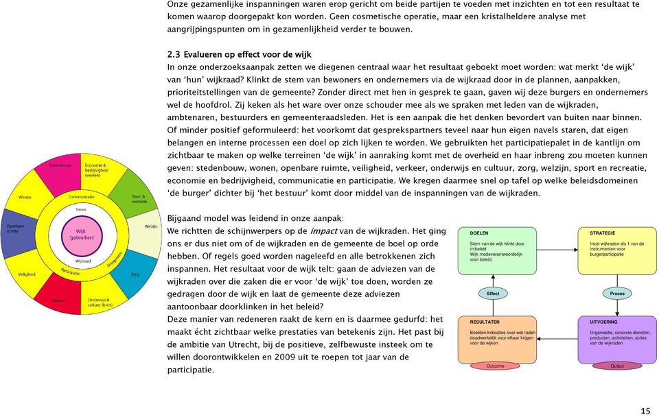 3 Evalueren op effect voor de wijk In onze onderzoeksaanpak zetten we diegenen centraal waar het resultaat geboekt moet worden: wat merkt de wijk van hun wijkraad?