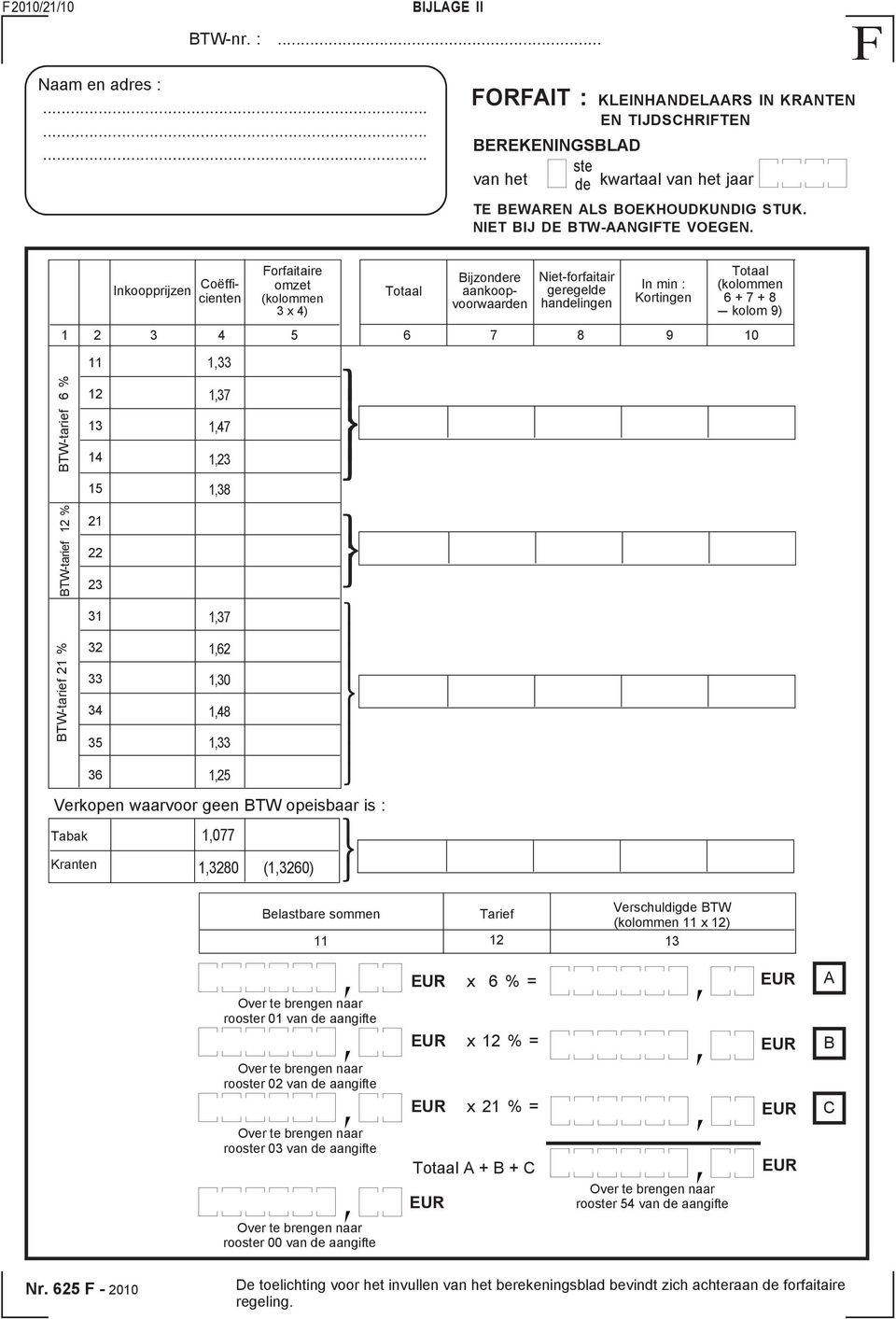 F 11 Bijzondere aankoopvoorwaarden Inkoopprijzen Coëfficienten Forfaitaire omzet (kolommen 3 x 4) Totaal Niet-forfaitair geregelde handelingen In min : Kortingen Totaal (kolommen 6 + 7 + 8 --- kolom