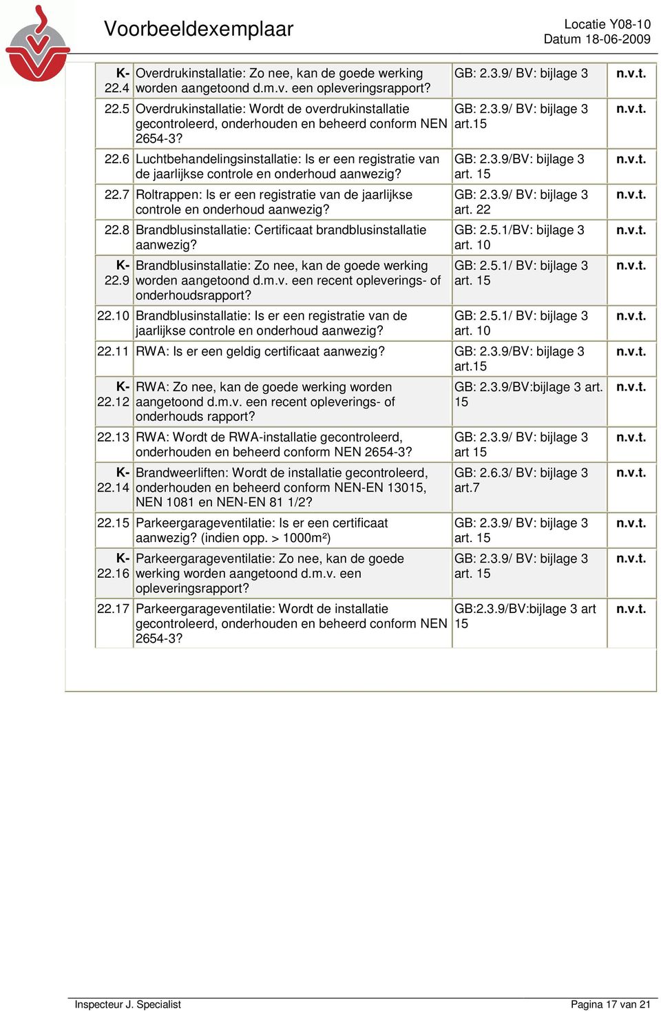 K- 22.9 Brandblusinstallatie: Zo nee, kan de goede werking worden aangetoond d.m.v. een recent opleverings- of onderhoudsrapport? 22.10 Brandblusinstallatie: Is er een registratie van de jaarlijkse controle en onderhoud aanwezig?