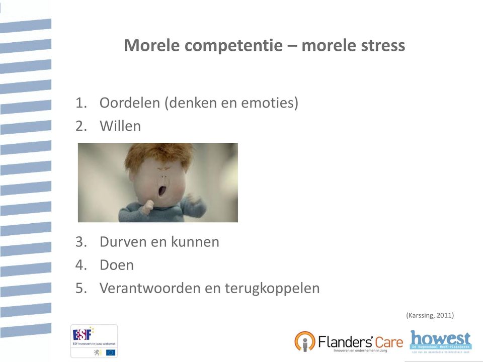 Willen 3. Durven en kunnen 4. Doen 5.